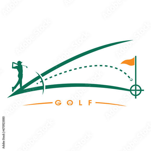 Golf training club logo with angles, aim sight, horizon techniques and flag. A Golfer taking a shot. Putting training and practice. Symbol of elite sports in high quality vector.