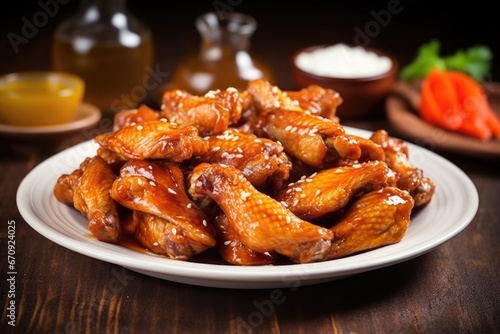 close-up shot of a plate of spicy wings glazed in chili sauce