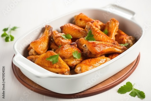 overhead shot of freshly marinated chicken wings in a white porcelain dish