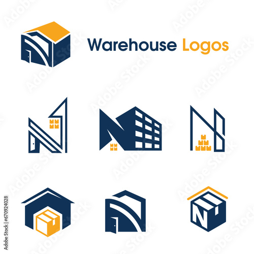 Warehouse logos with letter N. Storage boxes in a building of house. Icon represents industrial storage and drop shipping house. port for companies to store their goods. Building with letter N.