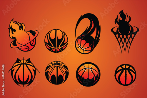 Set of Abstract basketball art with different styles. Basketball on fire with speed trails. Super Dunk silhouette with a basket. Grungy line art. Black and orange png outline.