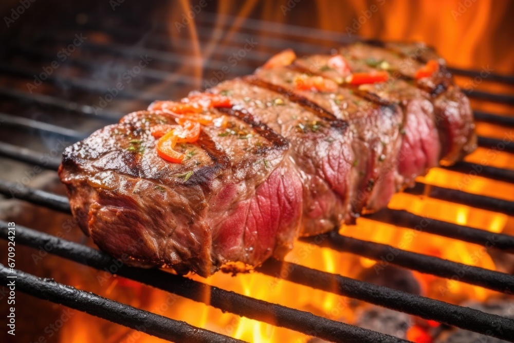 flames licking a steak on a barbecue rack flames licking a steak on a barbecue rack