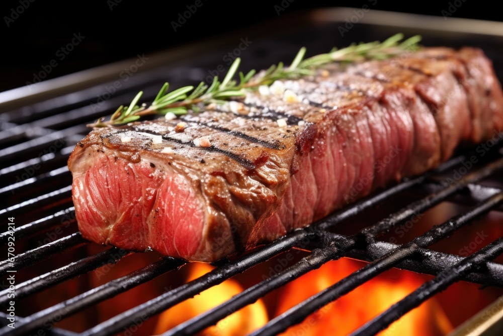 a strip steak with grill lines on a hot metal rack a strip steak with grill lines on a hot metal rack