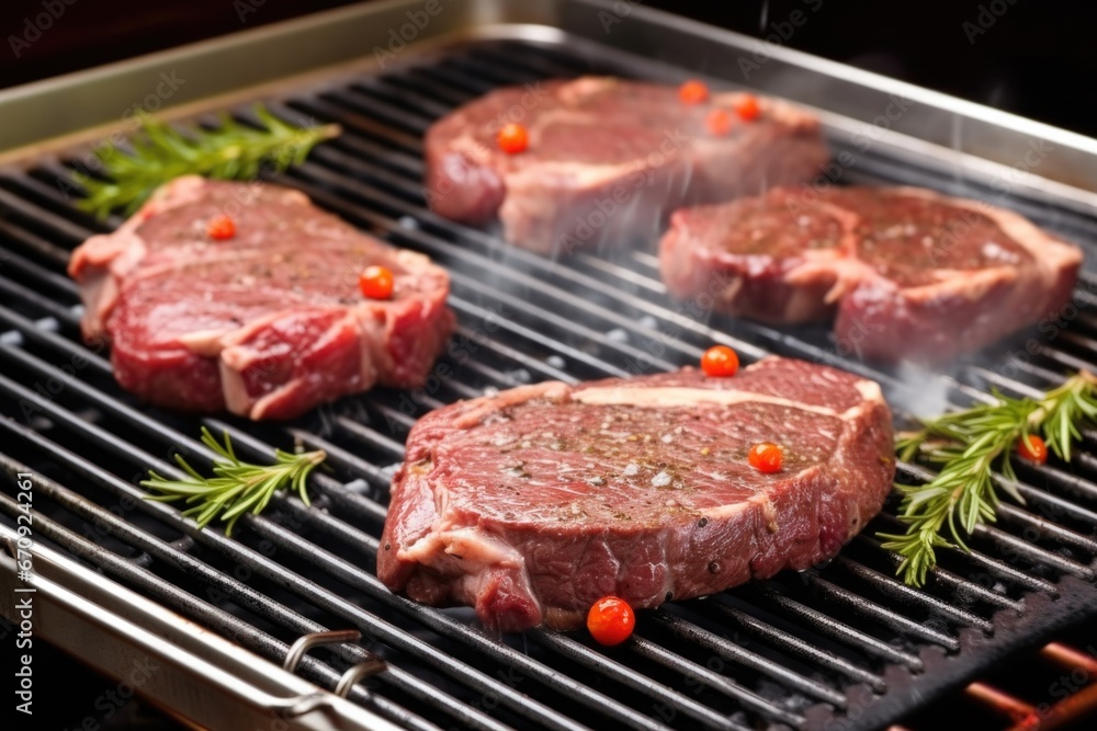 smokey barbecue steaks with thermometer sticking out on a grilling pan