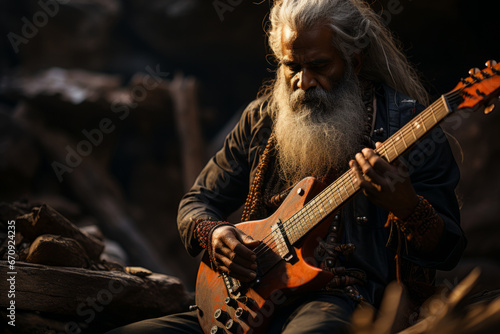 Rajasthani folk musician playing the sitar, Generative AI photo