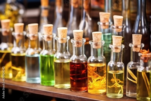 vials of various aromatic essences used in liqueur preparation