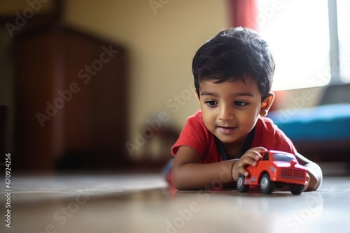 Indian boy playing at home floor. Summer home learning cute game. Generate Ai