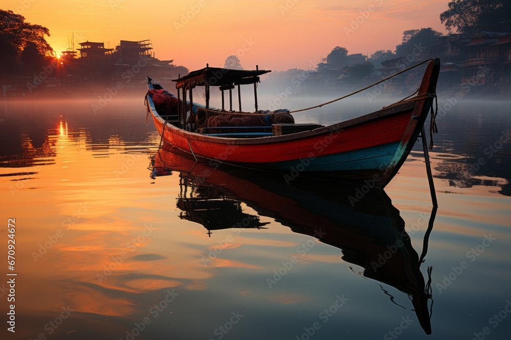  Serene reflection in the Ganges River at sunrise, Generative AI