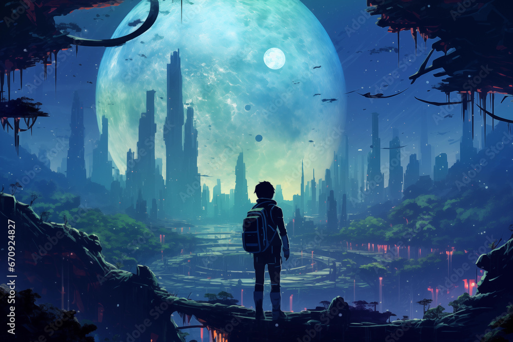 Fototapeta premium Silhouette of a Man in Anime Lofi Landscape: Gazing at a Futuristic Jurassic Jungle with Planets and Spaceships in the Distance