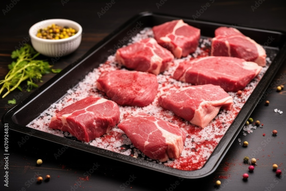 raw lamb chops smeared with a dry rub on a black tray