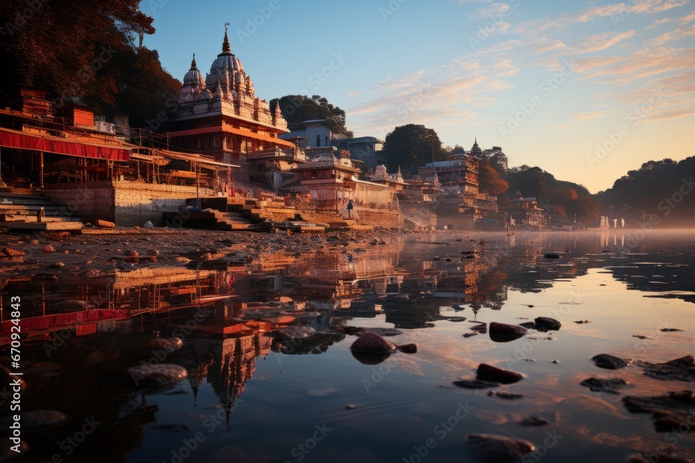 Fototapeta premium Serene reflection in the Ganges River at sunrise, Generative AI