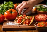 hand garnishing tacos with diced tomatoes