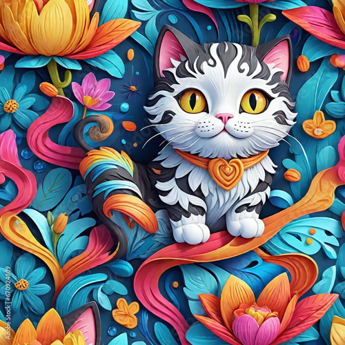 cute cats and flowers, seamless pattern © Photobank