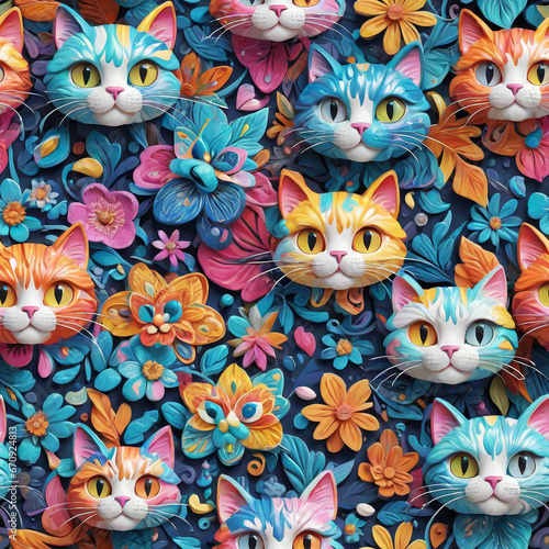 cute cats and flowers, seamless pattern