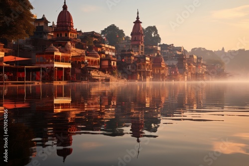  Serene reflection in the Ganges River at sunrise, Generative AI photo