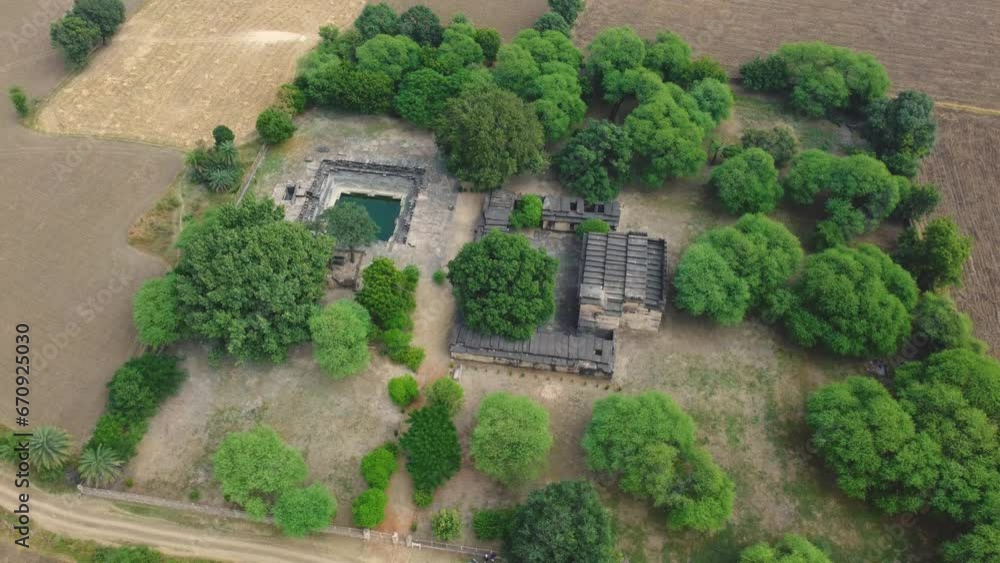 Aerial drone shot of Ancient Hindu Shiv temples and Rannod Monastery in Shivpuri of Madhya Pradesh India Aerial drone shot of Ancient Hindu Shiv temples and Rannod Monastery in Shivpuri of Madhya Pradesh India