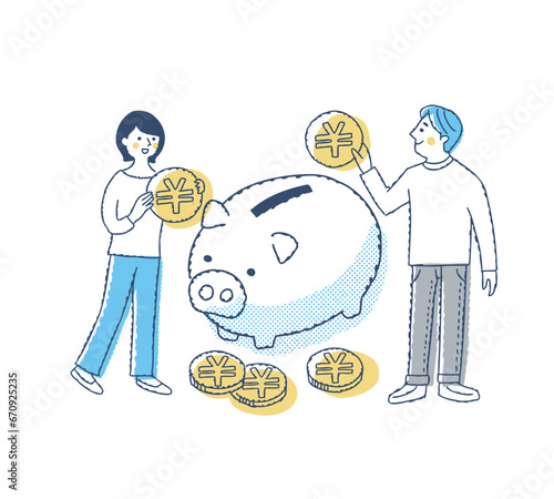 豚の貯金箱とコインを持っている若いカップル