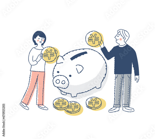 豚の貯金箱とコインを持っている若いカップル