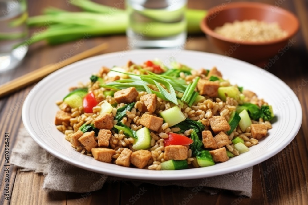 garnishing tempeh stir-fry dish with chopped spring onion garnishing tempeh stir-fry dish with chopped spring onion
