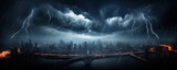 In the eye of storm. Lightning storm over city in dakr blue light. thunderstorm flash