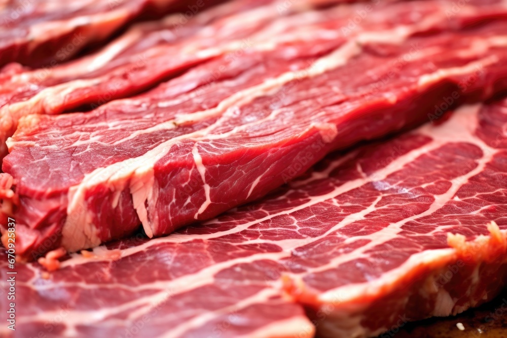 close-up of beef brisket detail, showcasing the meats marbling close-up of beef brisket detail, showcasing the meats marbling