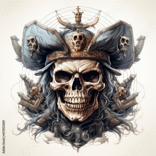 Pirate Skull With Anchor , Cartoon, Icon Illustration
