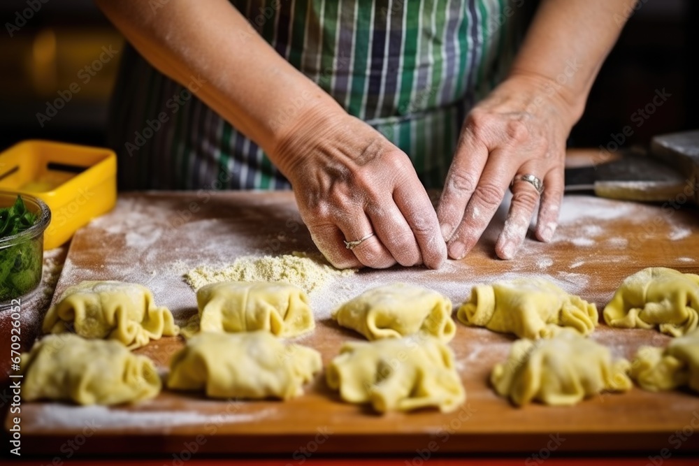 hands tightly pinching edges of tortellini to seal it shut