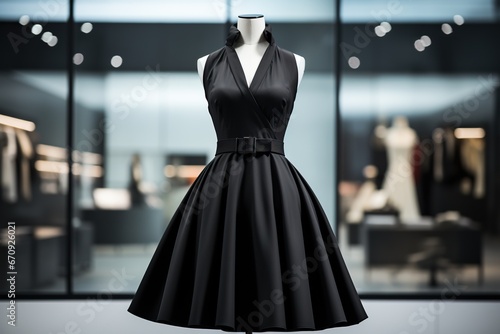 A beautiful black dress on a mannequin in a fashion salon. Shopping concept. Generated by artificial intelligence