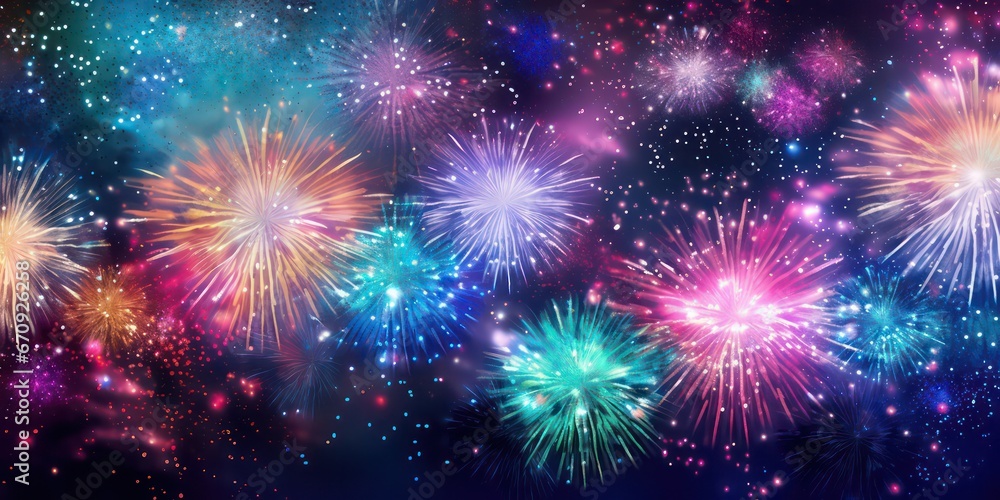Fototapeta premium Vibrant glitter background with colorful fireworks, perfect for Christmas Eve and New Year celebrations.