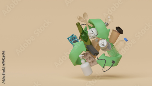 Recycle reuse symbol plastic bottle food plastic packaging glass bottle paper electronic waste aluminum  crushed can recycling process zero waste reduce ecology environment concept. 3d rendering.