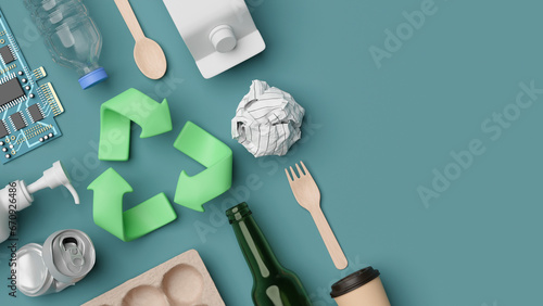 Recycle reuse symbol plastic bottle food plastic packaging glass bottle paper electronic waste aluminum crushed can recycling process zero waste reduce ecology environment concept. 3d rendering.