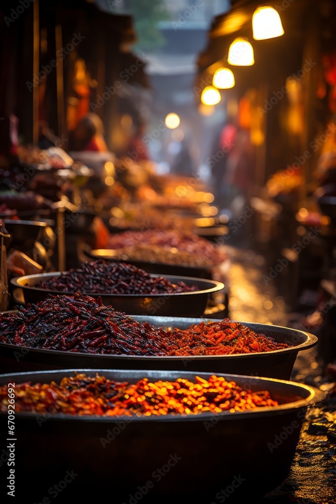 Bustling spice market in Old Delhi, filled with aromatic spices and colors, Generative AI