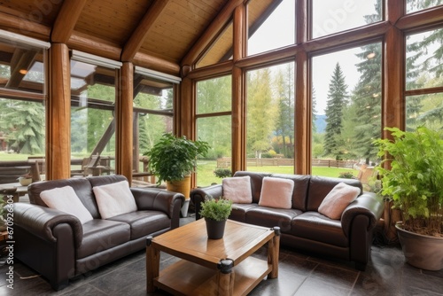 plush seating area beside log cabins towering glass window © Alfazet Chronicles