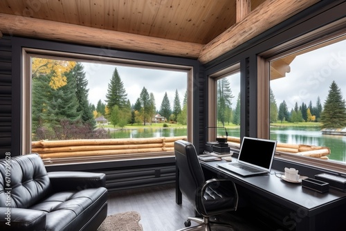 modern log cabins minimalist home office with a view