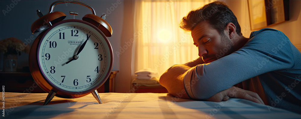 Man turn off a alarm clock after wake up in the morning. banner - obrazy, fototapety, plakaty 