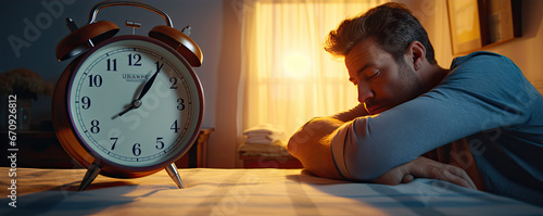 Man turn off a alarm clock after wake up in the morning. banner photo