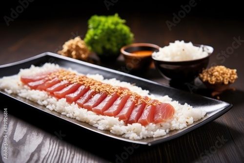 thinly-sliced seared tuna steak garnished with raw sesame seeds