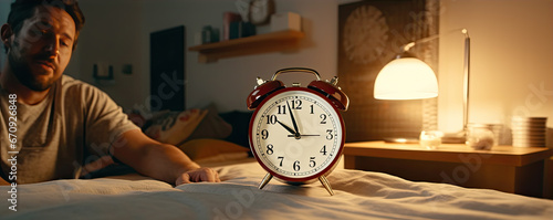 Man turn off a alarm clock after wake up in the morning. banner
