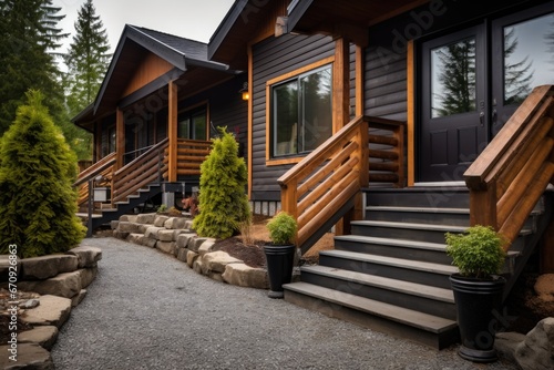 cabins stone doorstep shot, contrasting with surrounding wooden elements