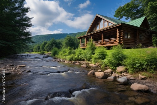 log cabin in a riverside mountain setting
