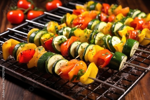 vegetable skewers lined up on a dark grilling pan