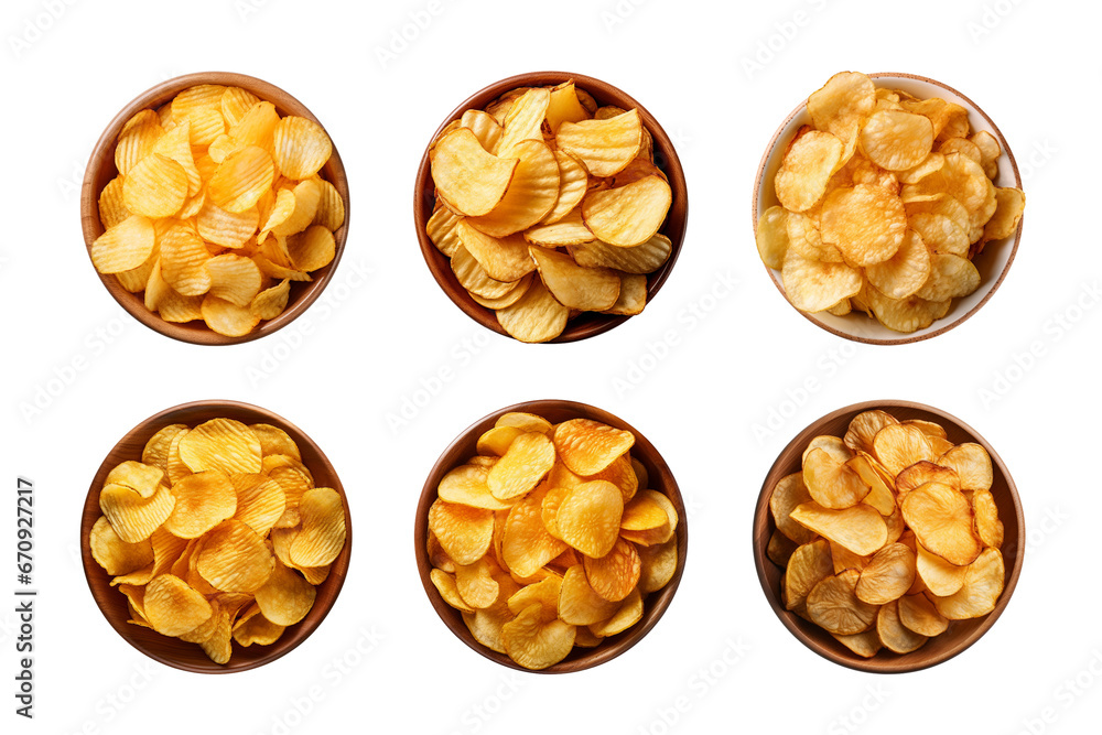 Collection of top-view crispy potato chips in a bowl isolated on a transparent background Collection of top-view crispy potato chips in a bowl isolated on a transparent background
