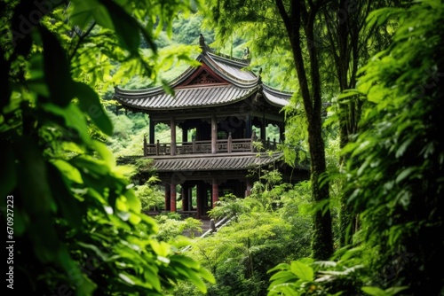 traditional asian temple pictured within lush green foliage