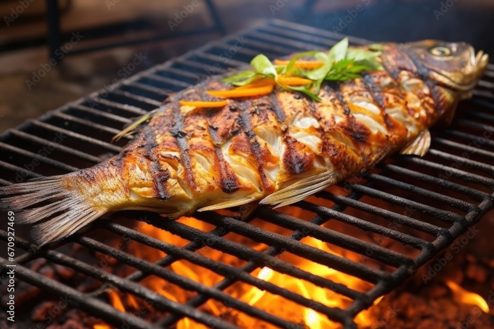 fish fillet grilling on a metal grate over the open fire