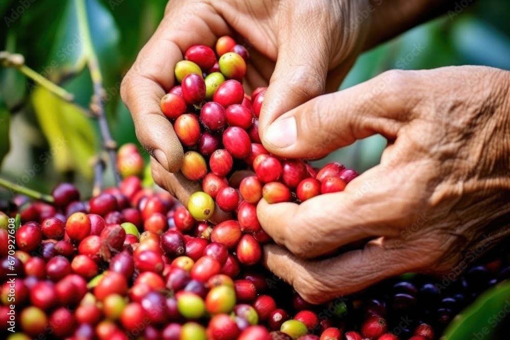 coffee berries being handpicked from a tree coffee berries being handpicked from a tree
