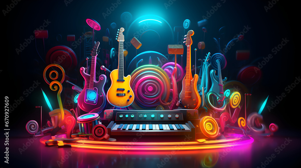 Colorful neon background with musical instruments - obrazy, fototapety, plakaty 