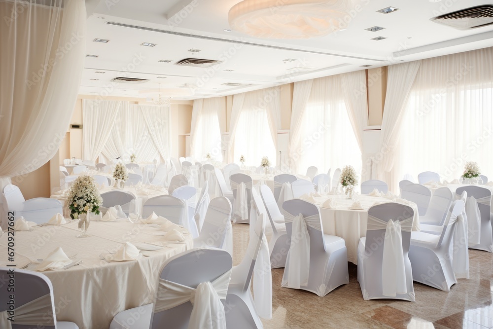 white-themed hotel banquet room ready for a wedding