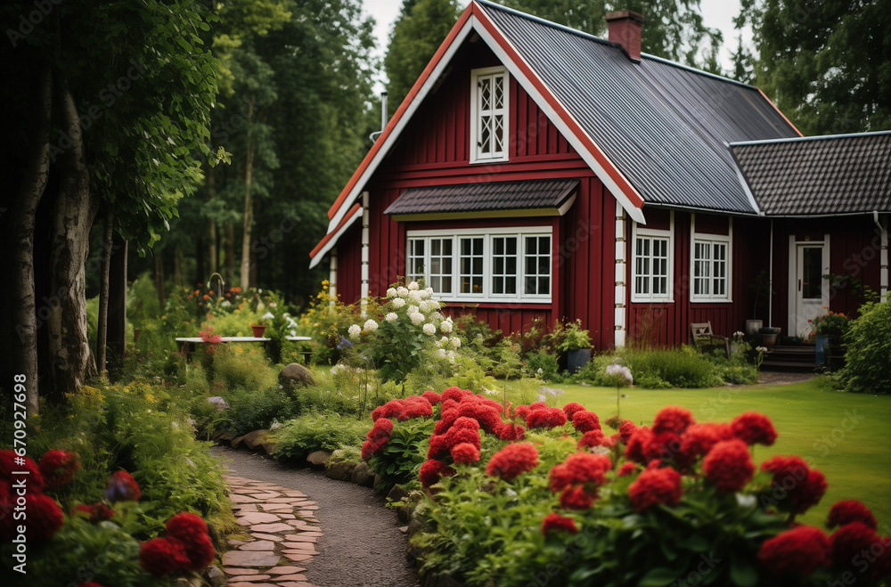 scandinavia house with garden - obrazy, fototapety, plakaty 