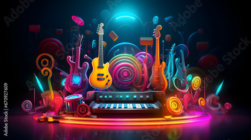 Colorful neon background with musical instruments photo