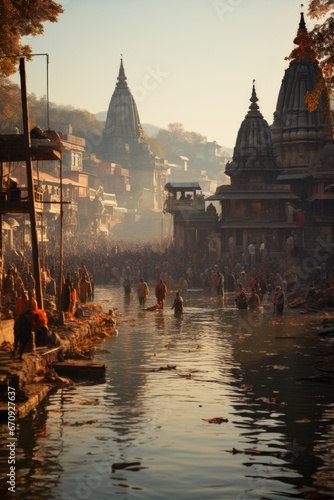 Group of pilgrims bathing in the holy waters of the Ganges in Haridwar, Generative AI